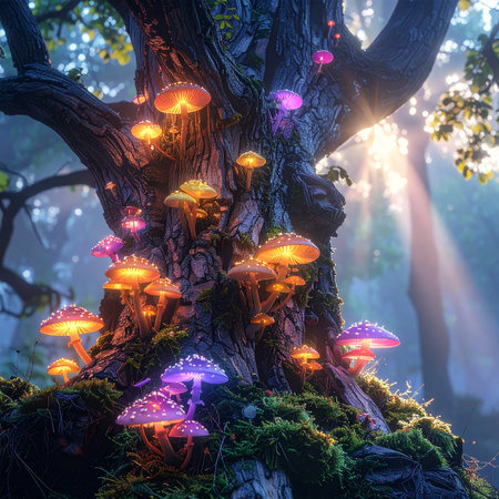 Magic mushrooms in the forest at sunrise. Beautiful fantasy landscape with magic mushrooms.の素材