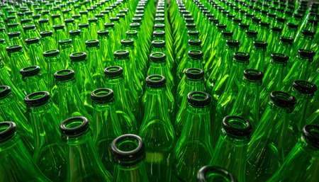 Green bottles of beer in a row. Close-up. Backgroundの素材