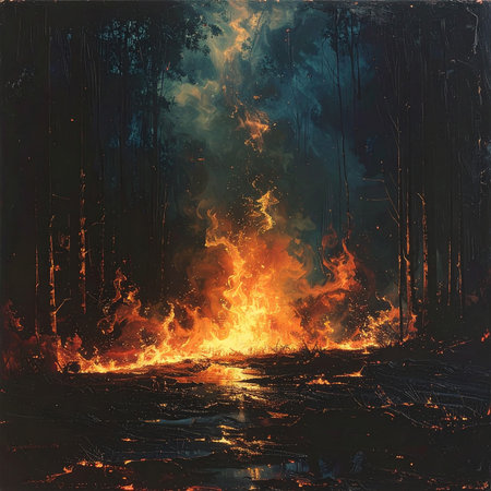 Burning forest in the night. Fire and smoke. Abstract background.の素材