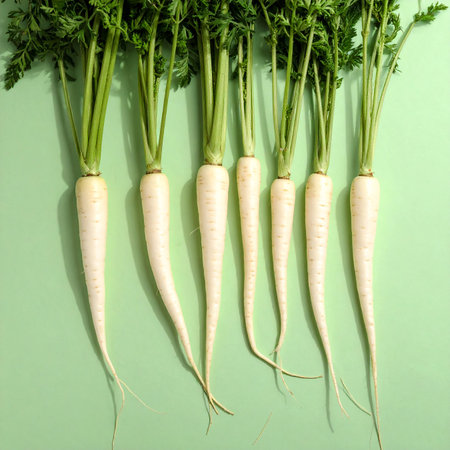 Fresh white radish with green leaves on green background, top viewの素材
