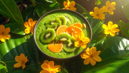 Green smoothie with kiwi, orange and banana on green leaves backgroundの素材