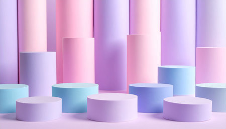 3d render, abstract minimal scene with geometrical forms, podiums for design presentation. Pastel colors.の素材
