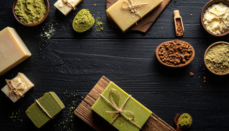 Natural handmade soap with matcha tea on black wooden background, top viewの素材