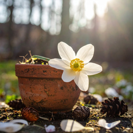 Anemone nemorosa in a clay pot on the ground in the sunlightの素材