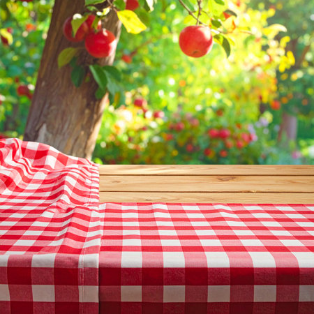 Empty wooden table for product display montages. Red checkered tablecloth over apple orchard background.の素材