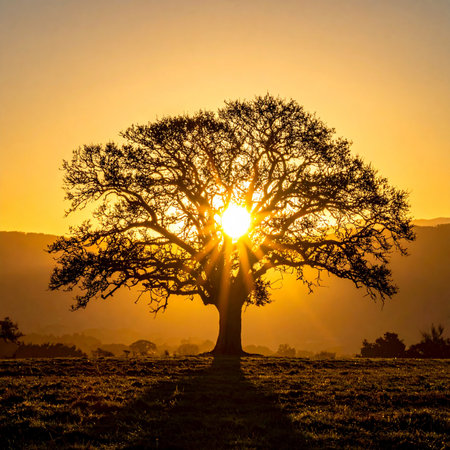 Silhouette of an oak tree at sunset in the countryside.の素材
