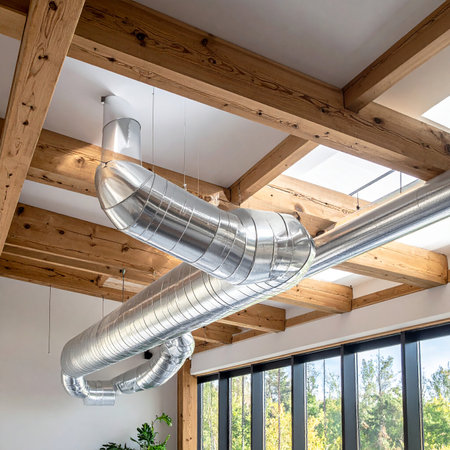 Interior of a modern house with wooden ceiling and ventilation pipes.の素材