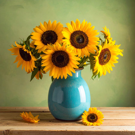 Sunflowers in blue vase on wooden table over green backgroundの素材