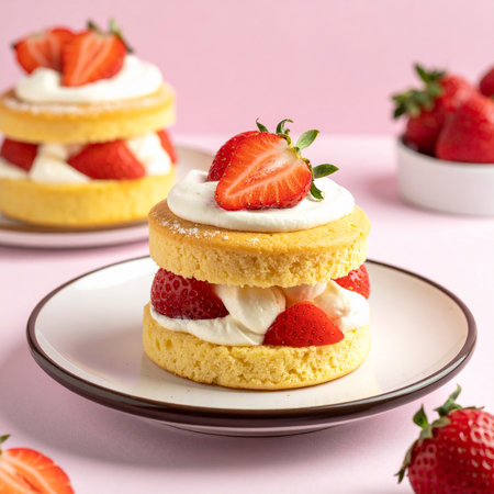 Strawberry tartlets with whipped cream and fresh strawberries, squareの素材