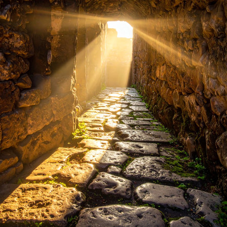 Sun rays pass through the stone wall of an ancient fortress in the morningの素材
