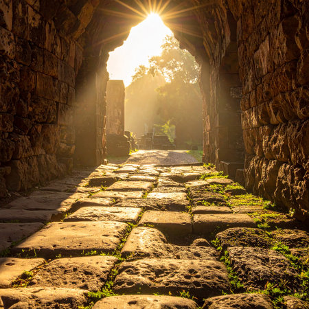Sun rays shine through the old stone gate of Angkor Wat, Cambodiaの素材