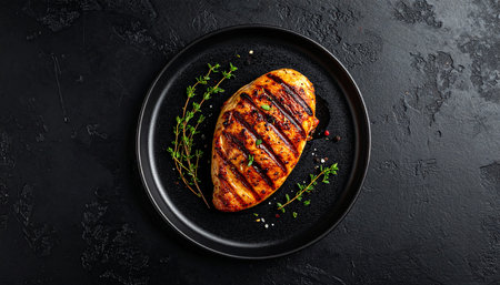 Grilled chicken breast with thyme on black plate. Top viewの素材