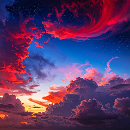 Beautiful sunset sky with clouds and stars. Colorful sky.の素材