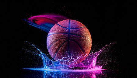 Basketball ball with water splash isolated on black background. 3d illustrationの素材