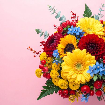Bouquet of colorful flowers on pink background. Top view.の素材