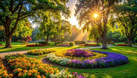 Beautiful flower garden in public park with sunlight in the morning.の素材