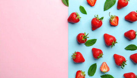 Flat lay composition with fresh ripe strawberries and mint on color backgroundの素材