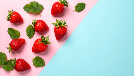 Fresh strawberries with green leaves on pink and blue background. Top view.の素材