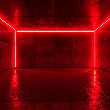 3d rendering of abstract concrete room with red neon lights. Futuristic backgroundの素材