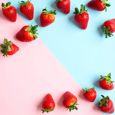 Strawberries on blue and pink background. Flat lay, top viewの素材