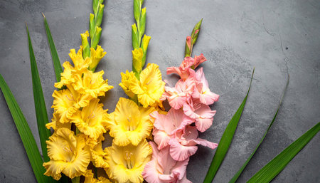 Yellow and pink gladiolus flowers on grey background with copy spaceの素材