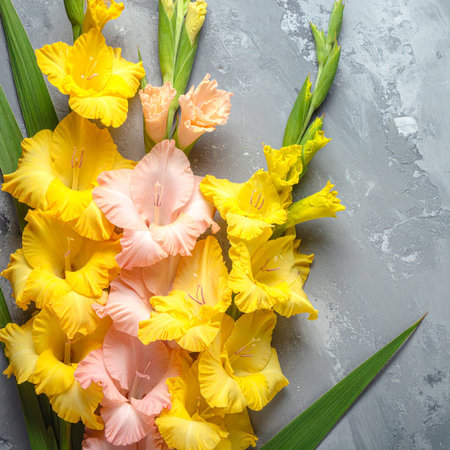 Beautiful gladiolus flowers on grey textured background, top viewの素材