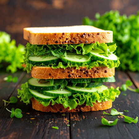 Vegetarian sandwich with cucumber, lettuce and microgreens on wooden backgroundの素材