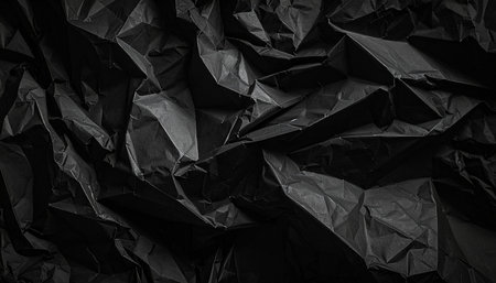 Black creased crumpled paper background grunge texture backdrop.の素材