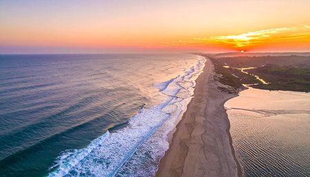 Aerial view of beautiful beach and sea at sunset time for travel and vacationの素材