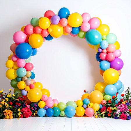 Colorful balloons frame on white wood floor and white wall background.の素材