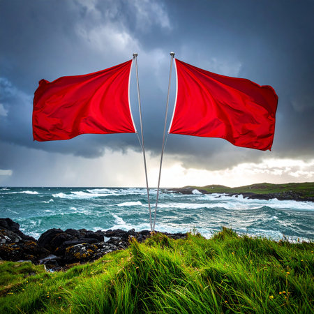 Red flags waving in the wind against a stormy sky. Ireland.の素材
