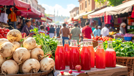 Freshly squeezed red tomato juice on the street market in Istanbul, Turkeyの素材