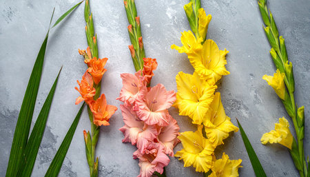 Beautiful gladiolus flowers on grey background. Flat lay, top viewの素材