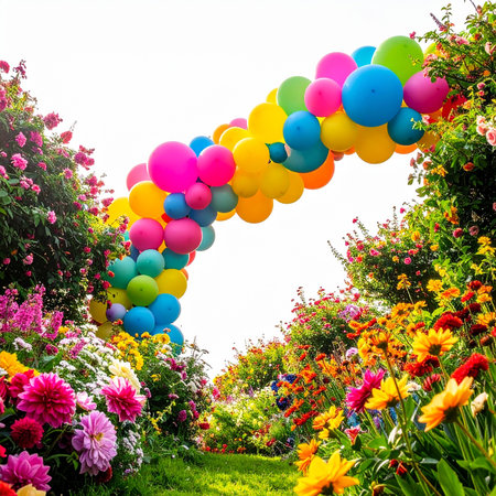 Colorful balloons and flowers in the flower garden with white sky backgroundの素材