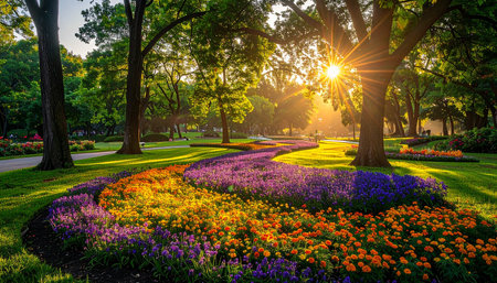 Sunset in the park with colorful flowers in the morning, Bangkok, Thailandの素材