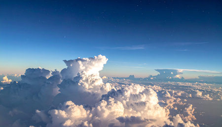 Aerial view of clouds and starry sky. 3d illustrationの素材