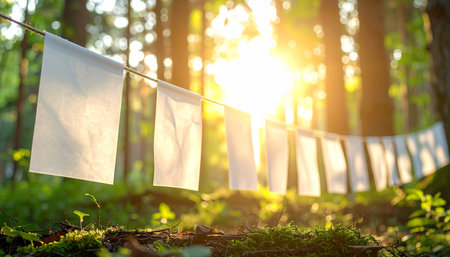 White flags hang on a rope in the forest in the rays of the setting sunの素材