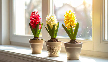 Colorful hyacinths in flower pots on the window sillの素材