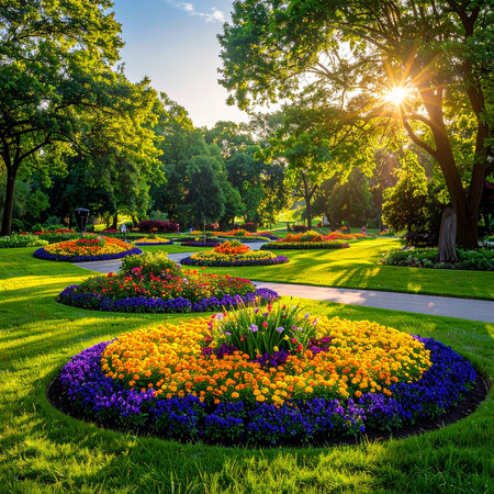 Colorful flowerbed in the park at sunset. Beautiful nature background.の素材