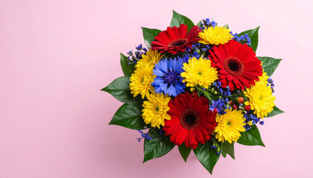 Bouquet of colorful gerbera flowers on a pink backgroundの素材