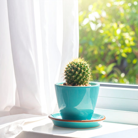 Cactus in a blue pot on the windowsill with morning sunlightの素材