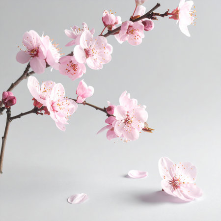 cherry blossom branch on gray background, spring time, floral backgroundの素材