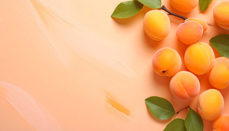 Fresh apricots with green leaves on color background, top viewの素材