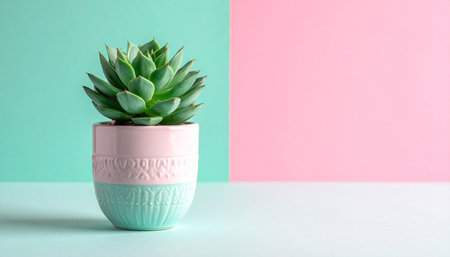 Succulent plant in a pot on a pastel background.の素材