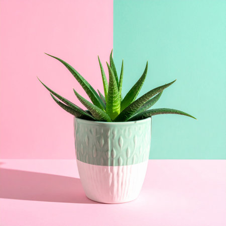 Aloe vera plant in a pot on pink and blue backgroundの素材
