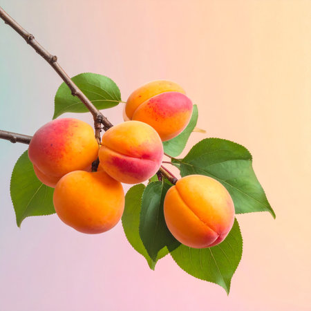 Apricots on a branch with leaves on a pastel backgroundの素材