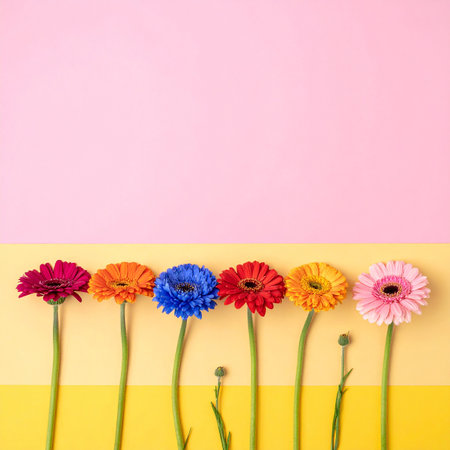 Flowers composition. Colorful gerbera flowers on pastel background. Flat lay, top view, copy spaceの素材