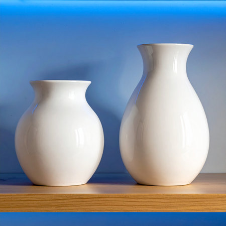 White ceramic vase on wooden shelf against blue wall. Shallow depth of fieldの素材
