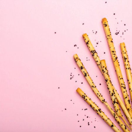 Crispy breadsticks with poppy seeds on pink background, top viewの素材