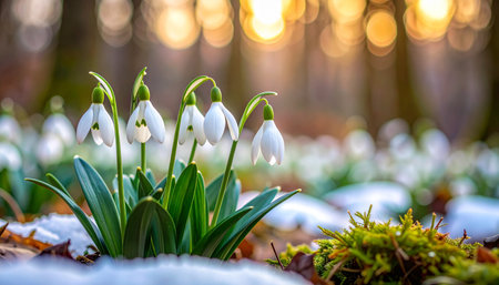 Snowdrop flowers blooming in the forest. Early spring in Europeの素材